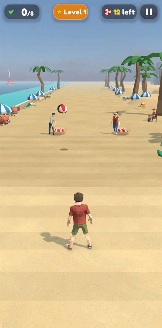 Two throwers at the far end of a beach, one holding the ball